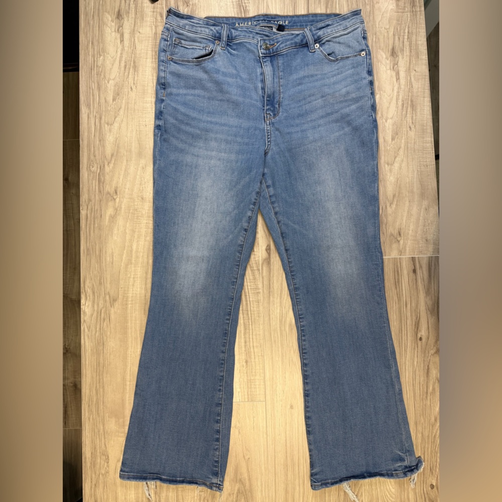 American Eagle Outfitters Blue Flare Jeans 14 extra short soft stretch